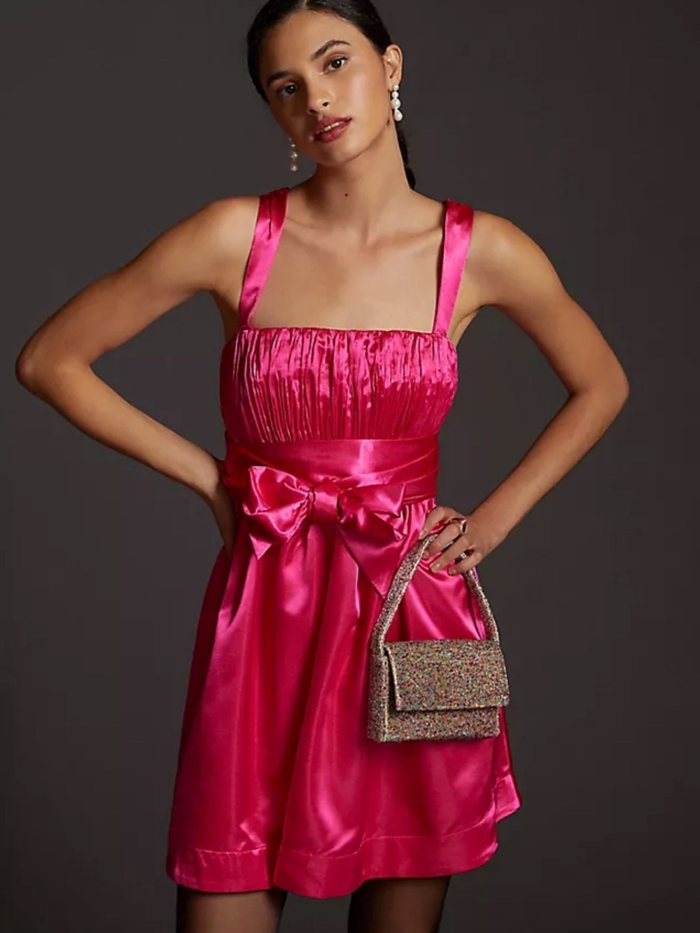 Anthropologie Maeve Bow Tie Satin Mini Dress Hot Pink NWT Size 2